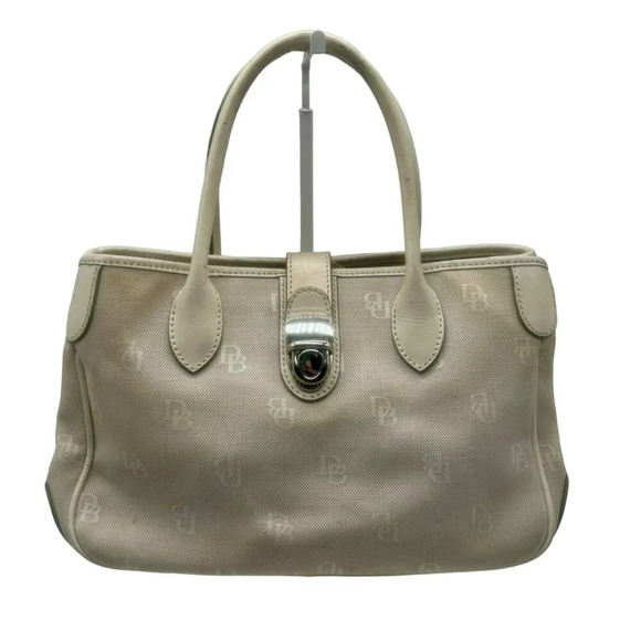 Dooney & Bourke DB Monogram Logo Purse Off White Ivory Canvas Leather Top Handle - Picture 1 of 16